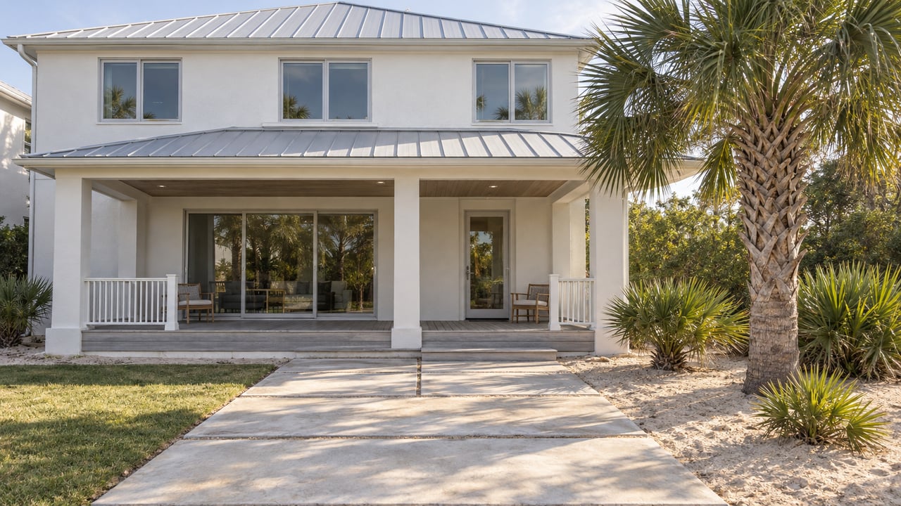 Sunlit white stucco home with a pale metal roof, glazed porch doors, teak chairs and a sculptural palm beside a concrete approach.