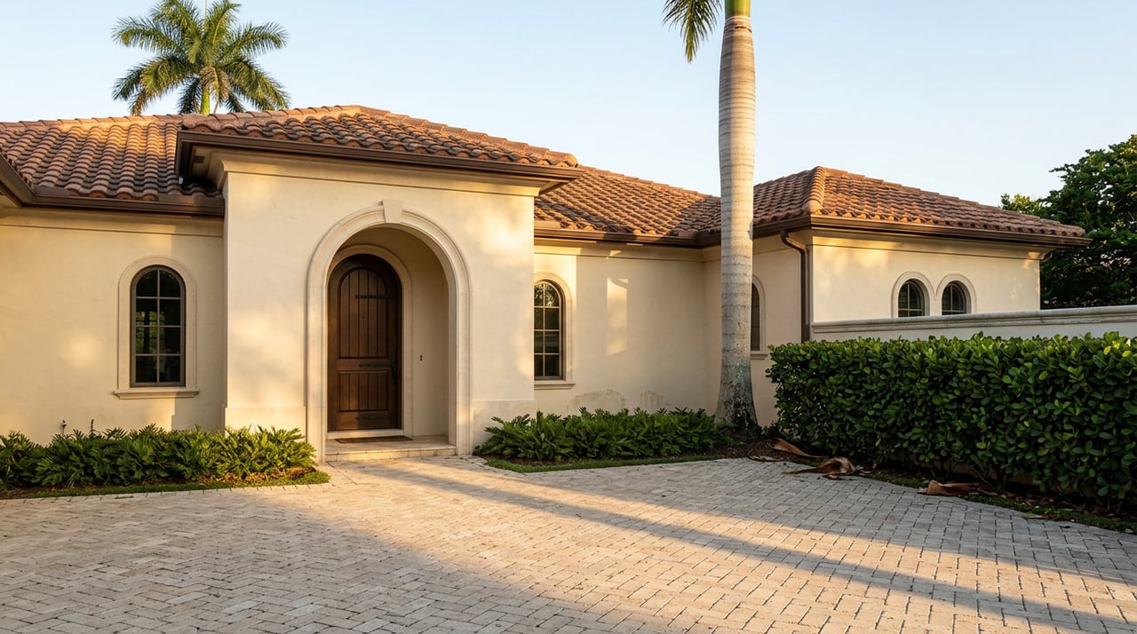 Mediterranean estate entry with an arched wood-and-iron door, limestone motor court, clay-tile roof, and royal palm.