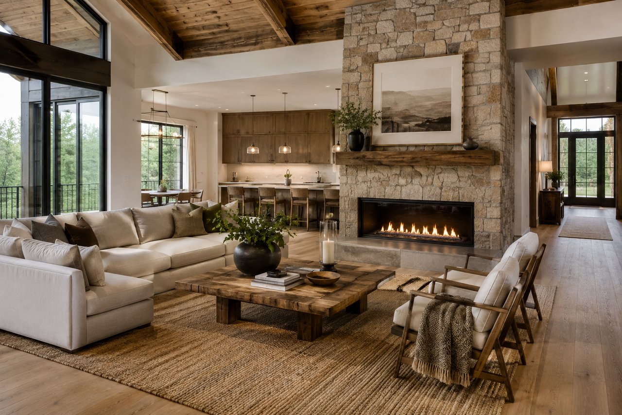 Luxury home interior featuring natural stone, exposed wood beams, hardwood floors, organic textures, and warm neutral finishes that reflect modern natural-material design trends.