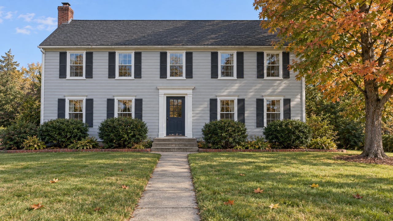 An established two-story home with light siding, dark shutters, a broad lawn and an autumn maple beside the front entry.