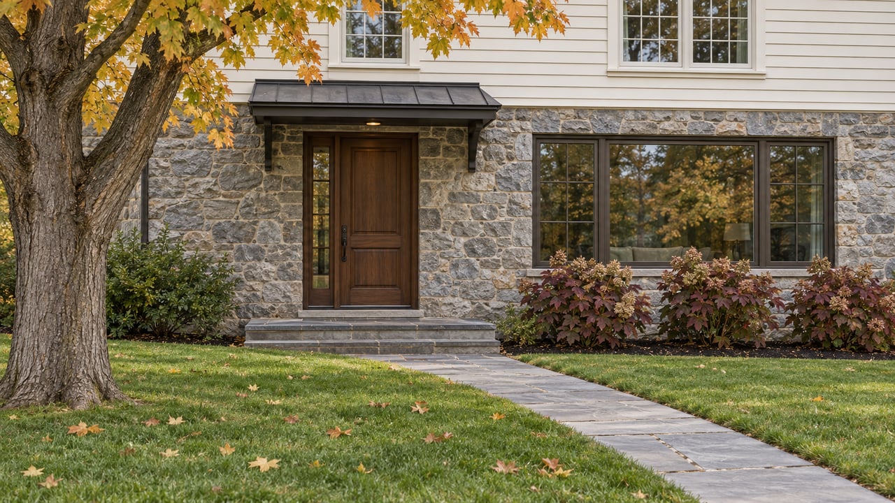 Autumn lawn and bluestone path approaching a fieldstone and ivory clapboard home with a walnut door and broad bronze-framed window.