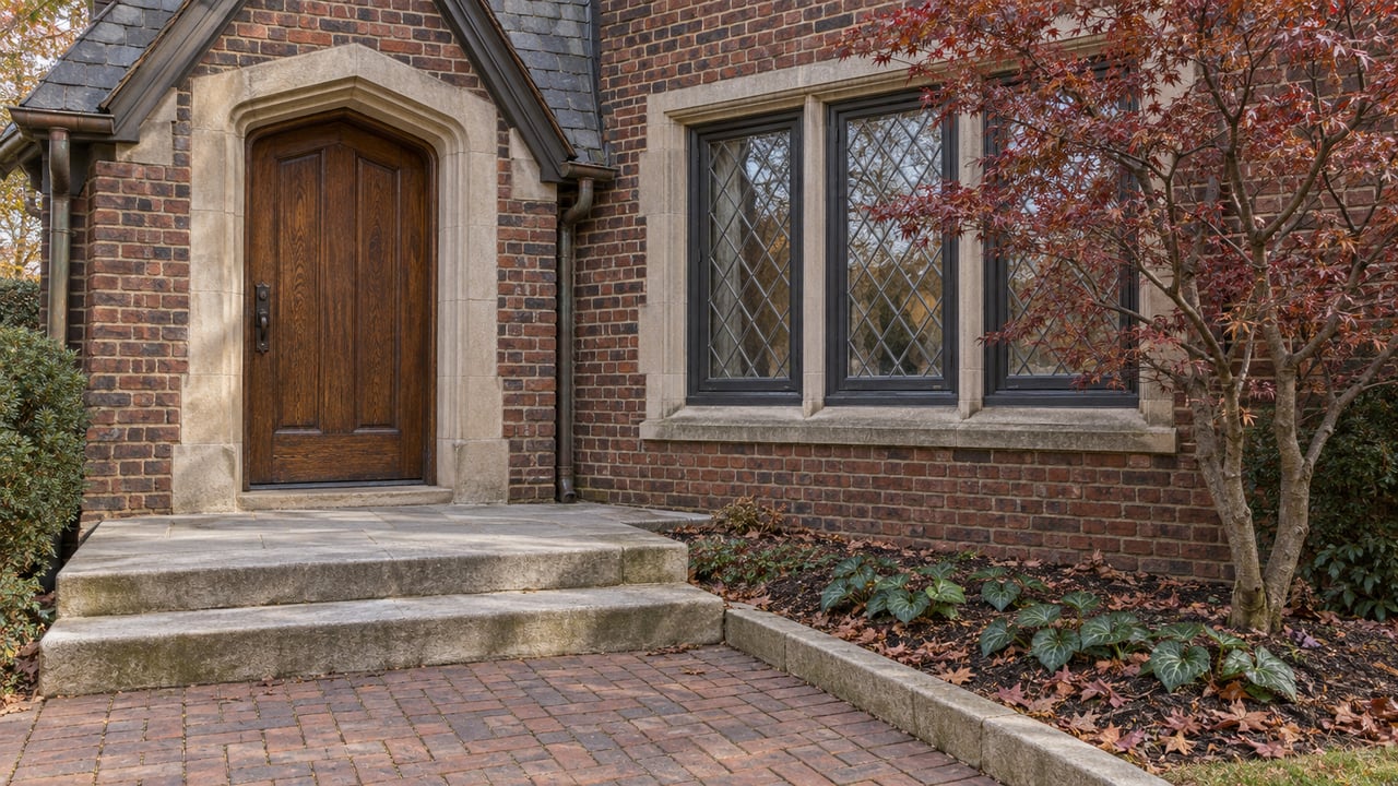 Weathered brick home with an oak entry door, limestone steps, leaded windows and a burgundy Japanese maple.