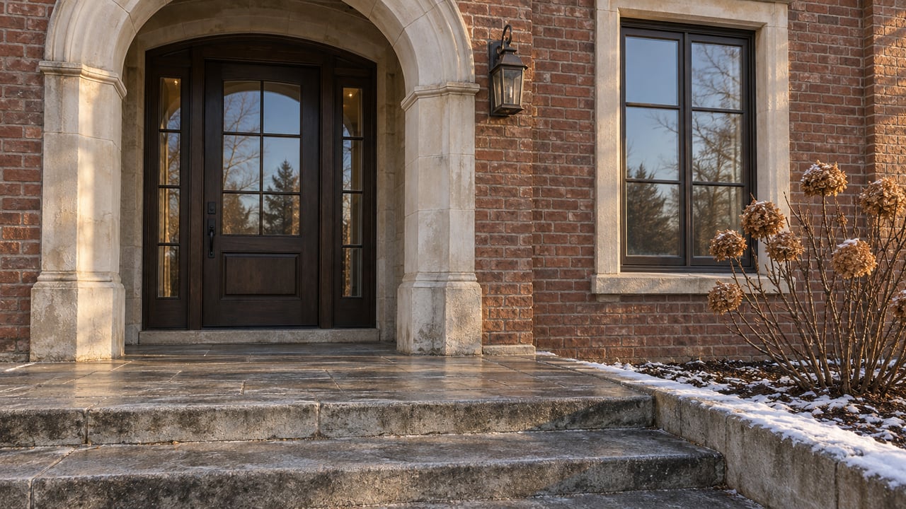 Winter morning light on a brick home's arched limestone entry, dark glazed door and cleared stone steps beside a snow-dusted planting bed.