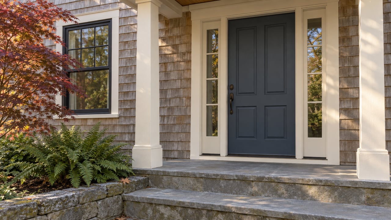Painted oak front door with glazed sidelights, cedar shingles, bluestone steps, and a Japanese maple.