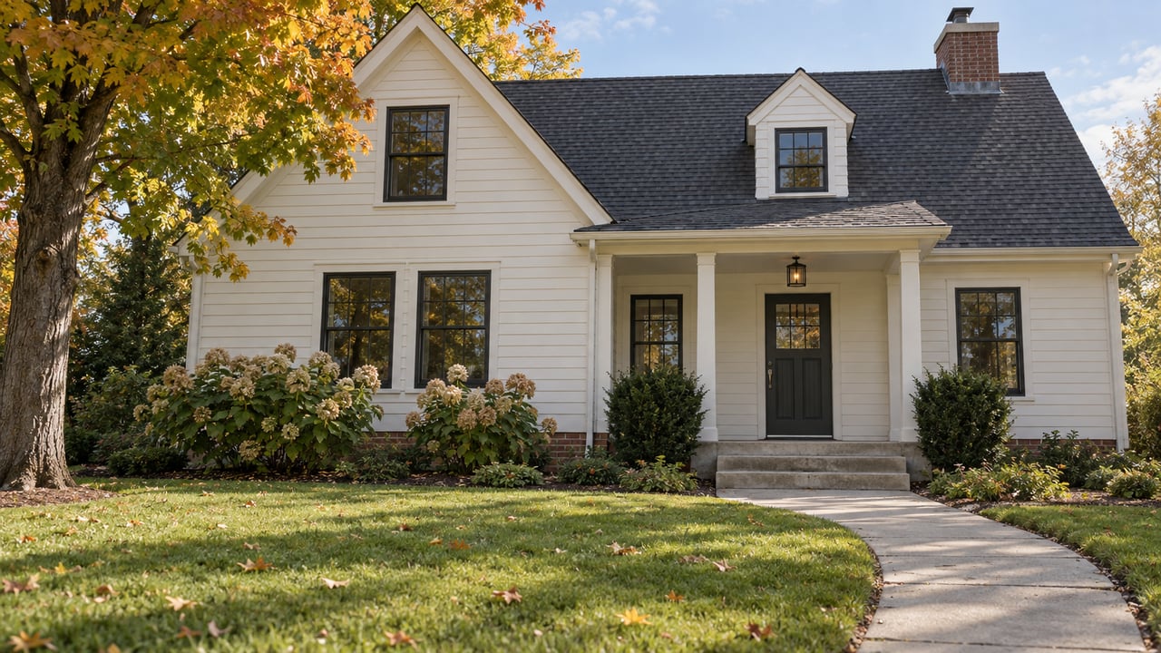 White two-story home with dormers, a covered entry, and a curved walkway beneath autumn trees.