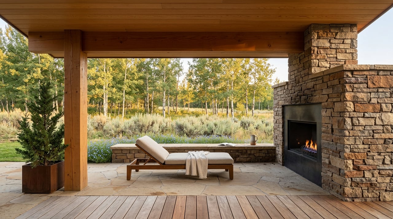 Covered timber terrace with a stone firebox, lounge chair, flagstone patio, and sunlit meadow beyond.
