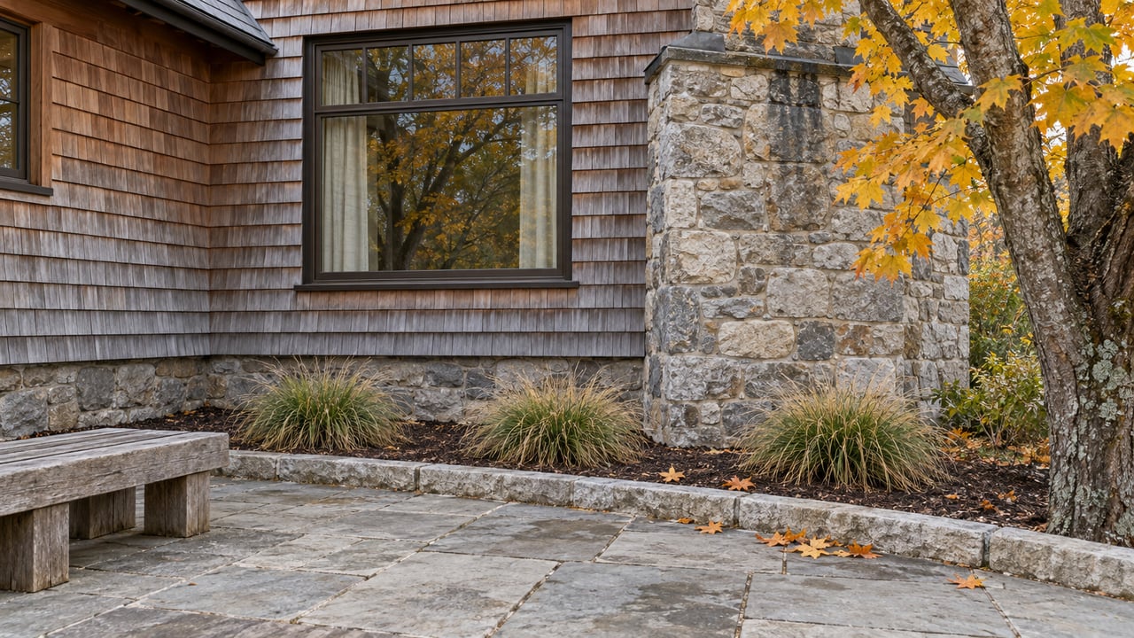 Weathered cedar home with a fieldstone chimney, closed bronze-framed window and limestone terrace beside an autumn sugar maple.