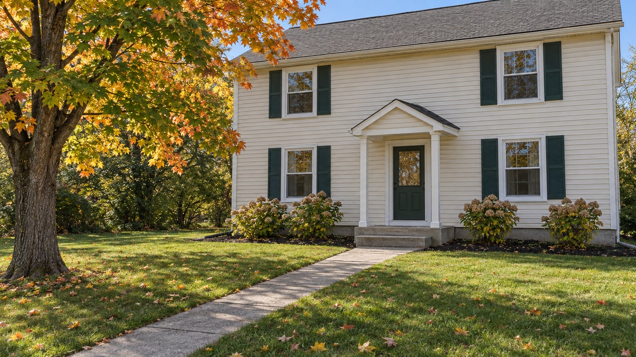 Cream clapboard house with dark shutters and a concrete front walk across a deep lawn, beside a sugar maple turning gold and orange.
