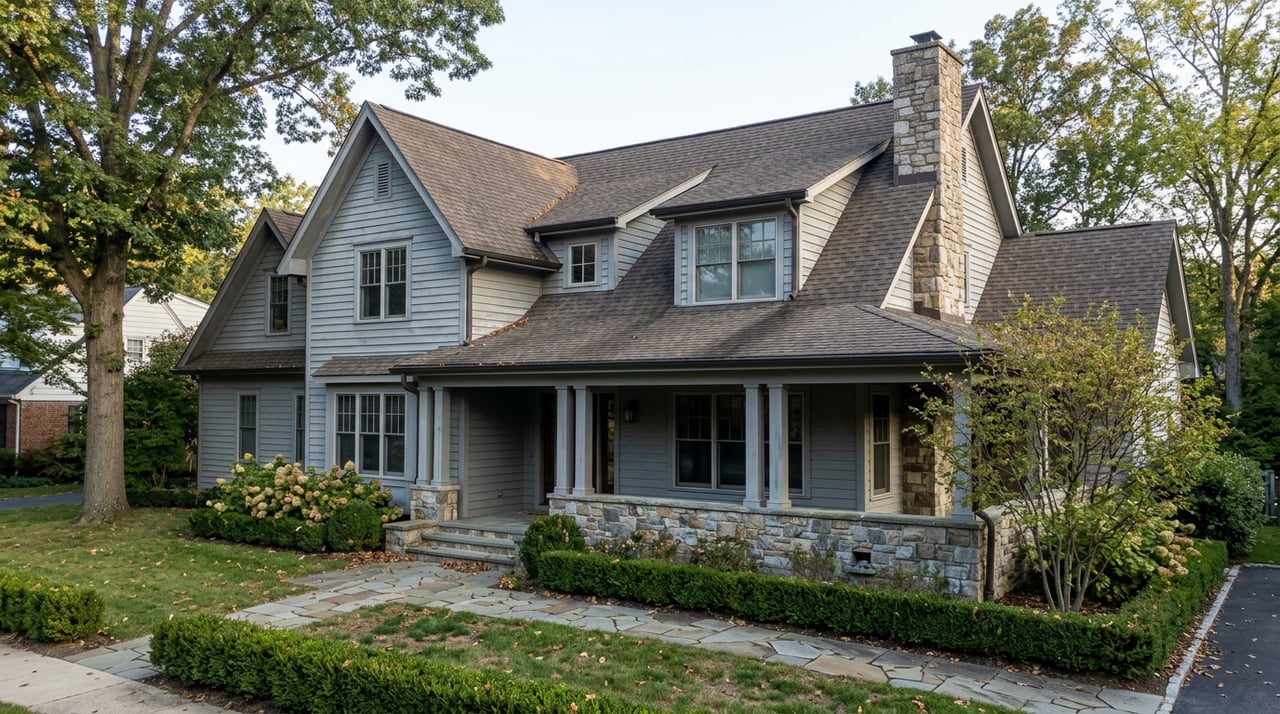 Gray clapboard home with a wide stone-based porch, mature oak, and flagstone walk through a broad lawn.