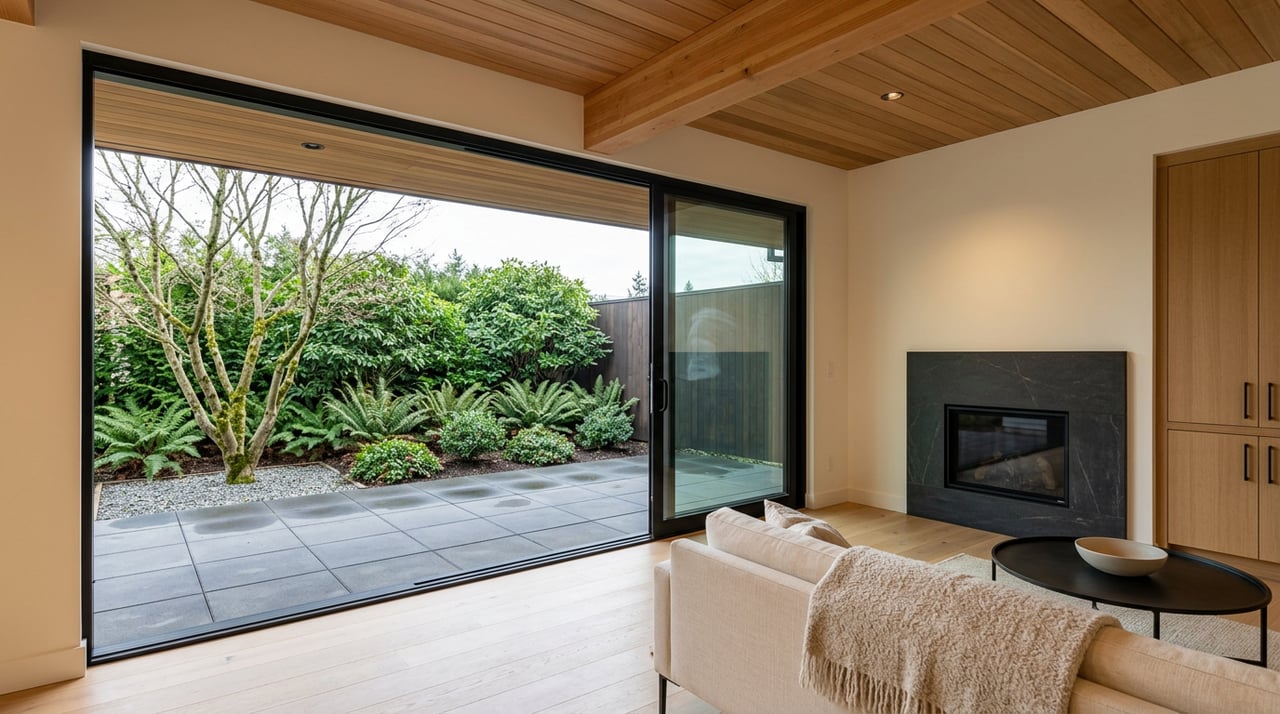 Great room with cedar ceiling, basalt fireplace, and black-framed doors facing a planted patio.
