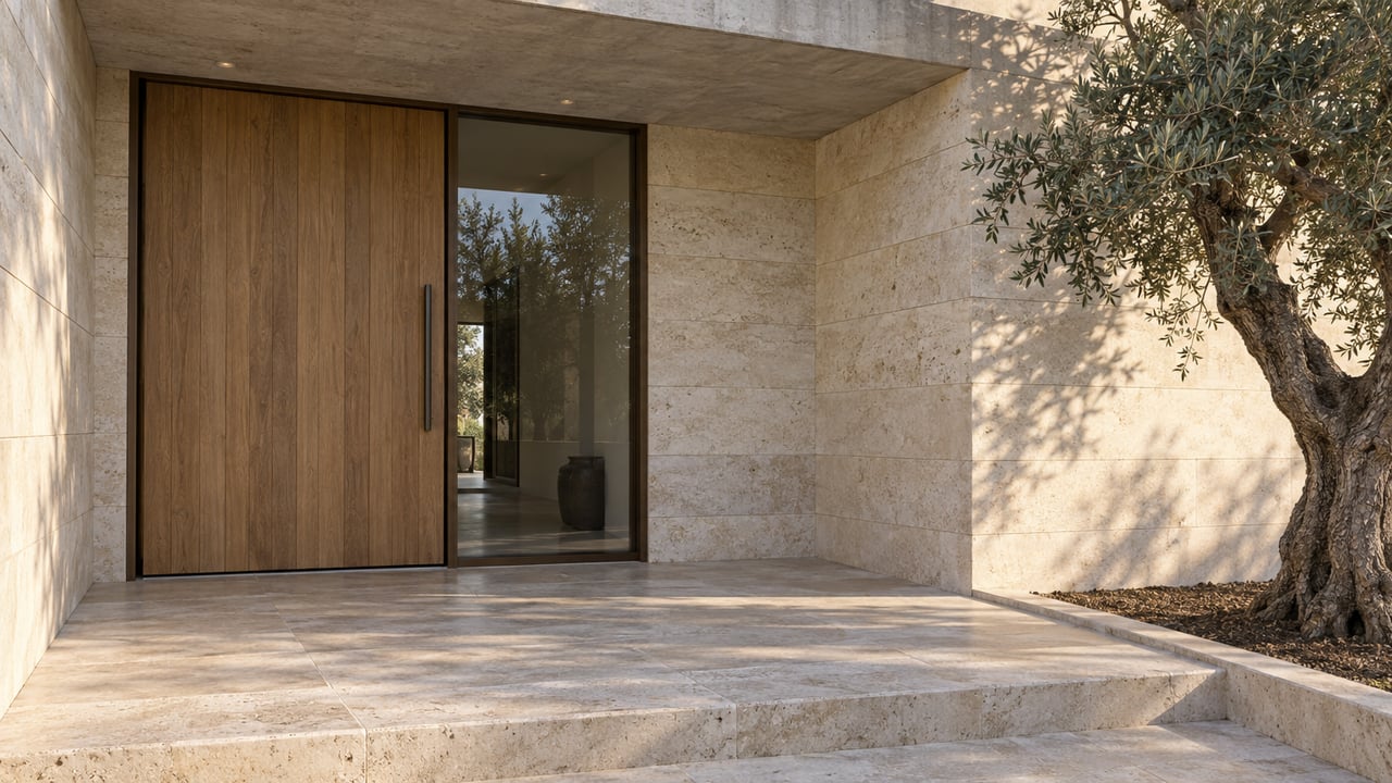 Recessed contemporary home entrance with an oak door, bronze-framed sidelight, limestone steps and a mature olive tree.
