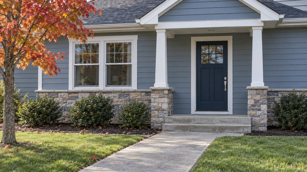 Blue-gray sided home with a stone porch base, white posts, concrete walk and red maple foliage in autumn light.