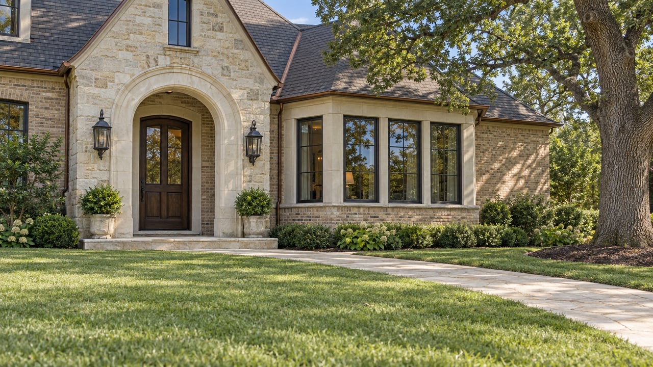 Limestone arched entrance and sand-colored brick facade beyond a deep lawn, with a mature bur oak beside black-framed windows.