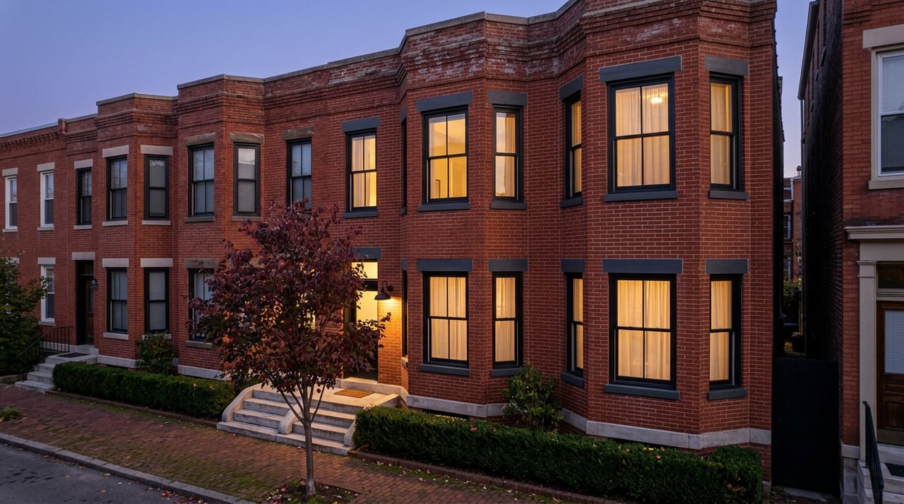 Three-story brick building at dusk, warm window light behind sheer curtains, black porch sconce glowing.