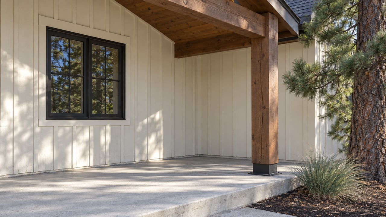 Sunlit cream siding and a black-framed window beside a timber porch post, above a raised concrete porch and pine planting bed.