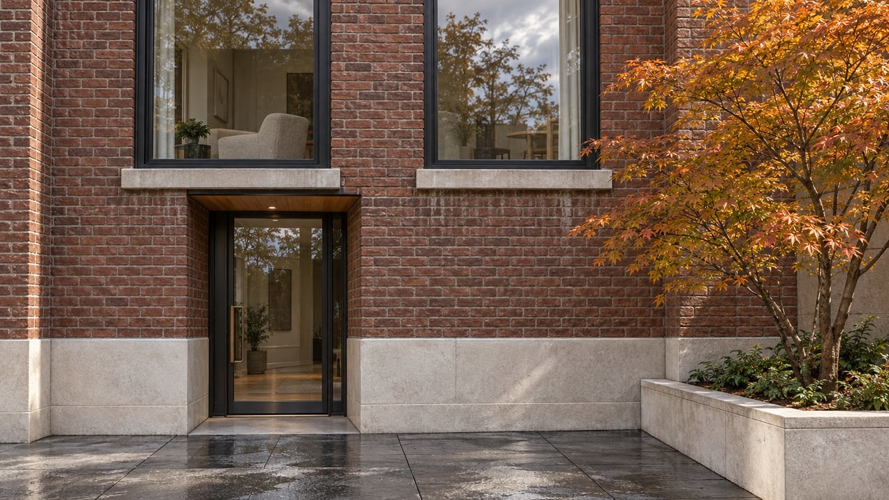 Rain-darkened brick condominium facade with steel-framed windows, a recessed glass entrance, pale stone detailing, and a gold-leaved vine maple.