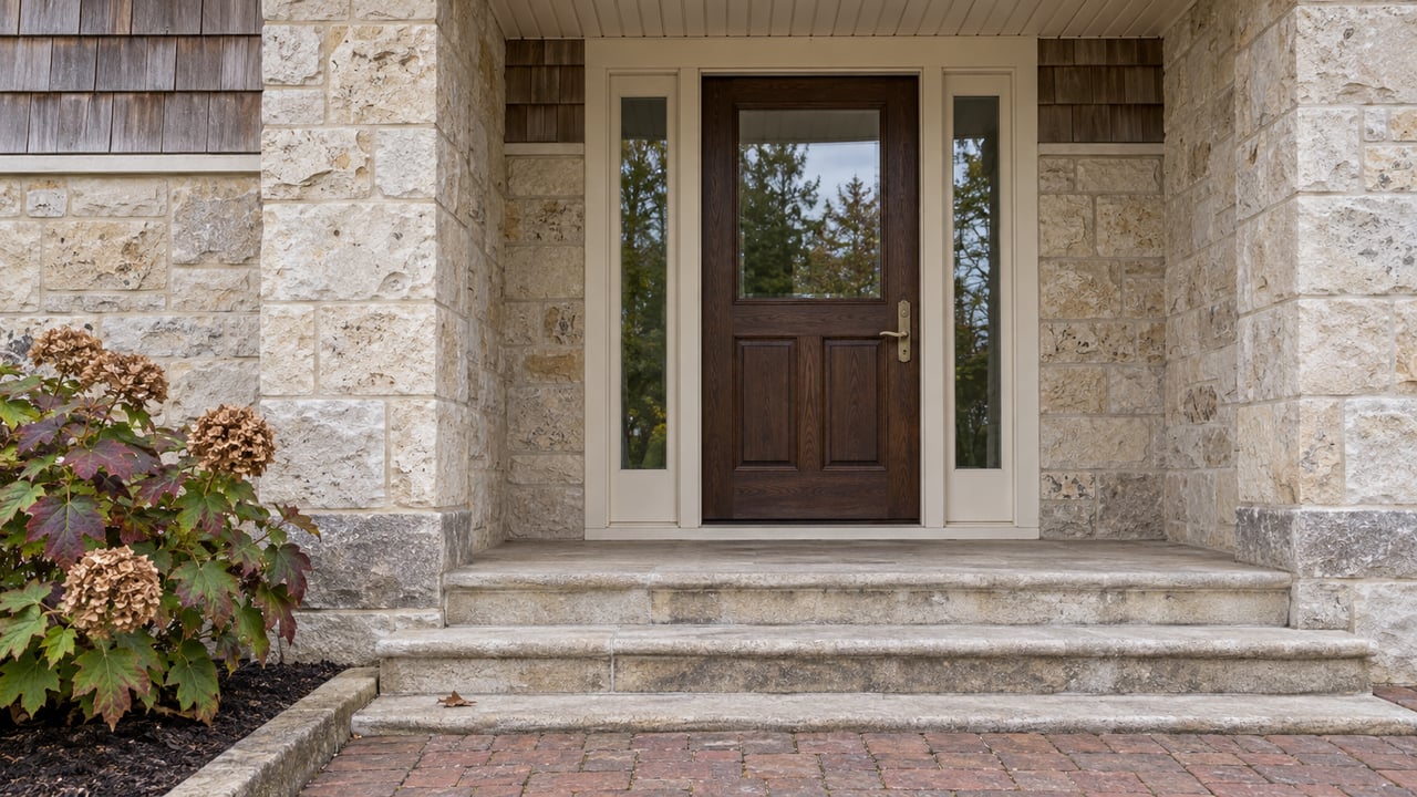 Closed oak entry door with paired sidelights, buff limestone piers, worn stone steps and a burgundy-leaved oakleaf hydrangea.