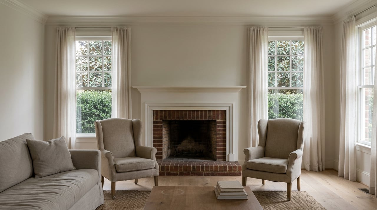 Living room with brick fireplace, white mantel, wingback chairs, and curtained windows framing greenery.
