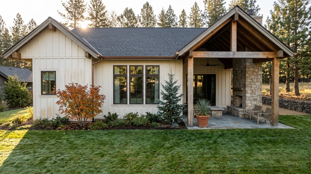 Landscaped backyard facing a two-story stone-and-timber home, with a low stone wall and conifers beyond.