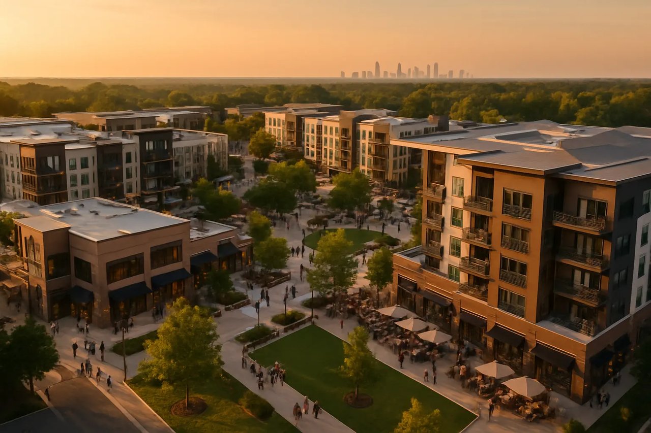 Rendering of a Metro-Atlanta mixed using development with the Atlanta skyline in the distance