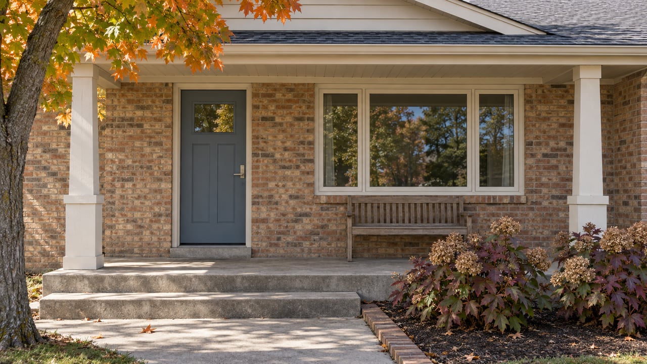 Brick home entrance with a covered porch, gray door, wooden bench, and orange autumn leaves.