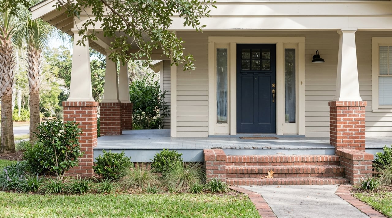 Historic Craftsman entry with a preserved wood door, clapboard siding, and brick porch piers.