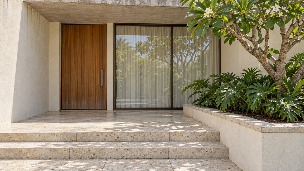Sunlit tropical villa entry with weathered teak door, pale stucco, limestone steps and a frangipani tree in a raised planter.