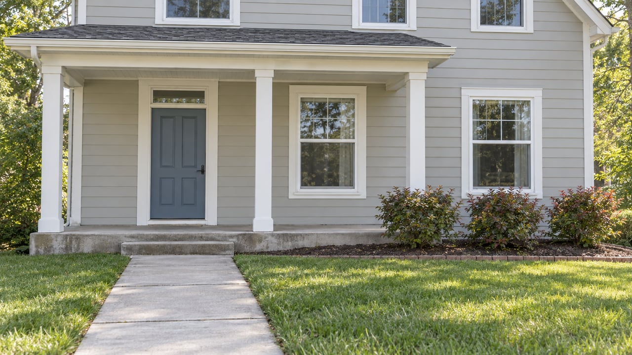 Light-gray two-story house with a muted-blue front door, shallow porch, concrete walk and lawn.