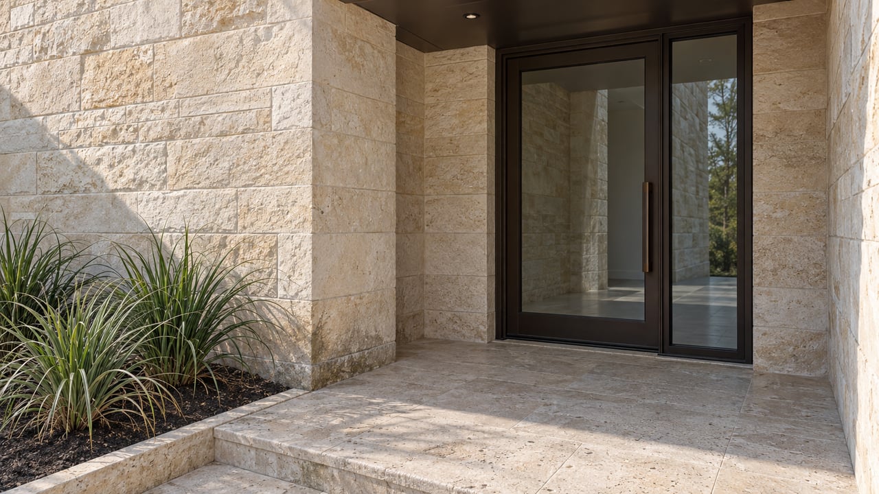 Recessed limestone home entrance with a bronze-framed glass door, stone landing and three sculptural Texas sacahuista plants.