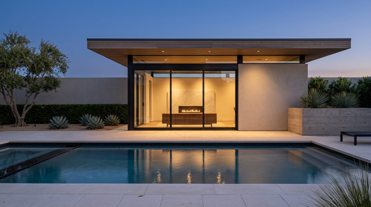 Twilight pool reflecting a warmly lit glass pavilion beneath a slatted wood roof, framed by desert plants.