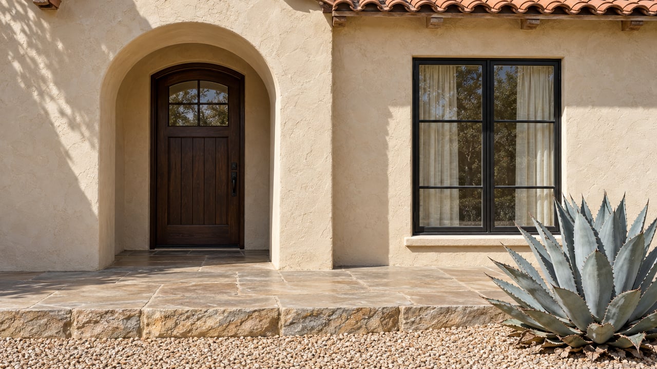 Cream stucco home entrance with a recessed arch, timber door, black-framed window, clay roof tiles, and a sculptural agave beside a stone landing.