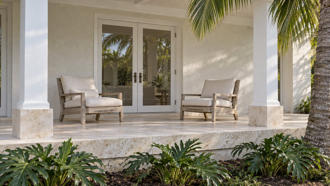White-columned veranda with glazed double doors, weathered teak chairs, cream limestone paving and tropical planting.