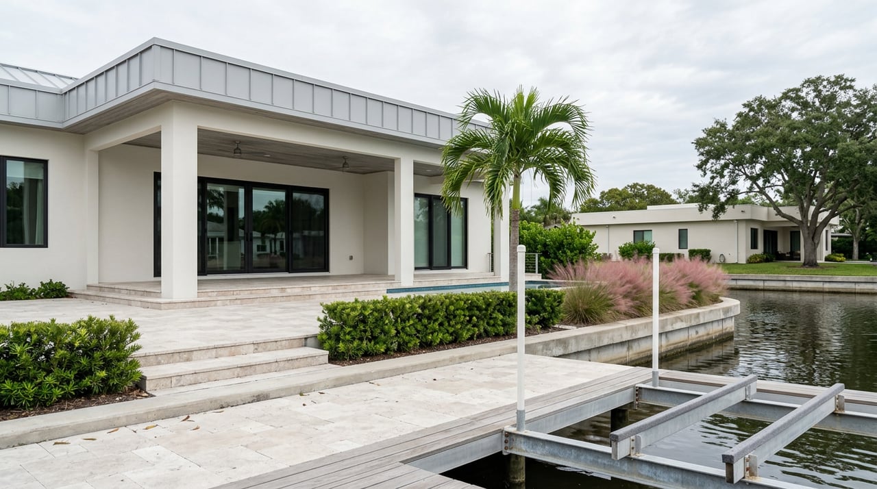 Pale stucco waterfront home with a covered lanai, paver pool deck, and private dock beside a canal.