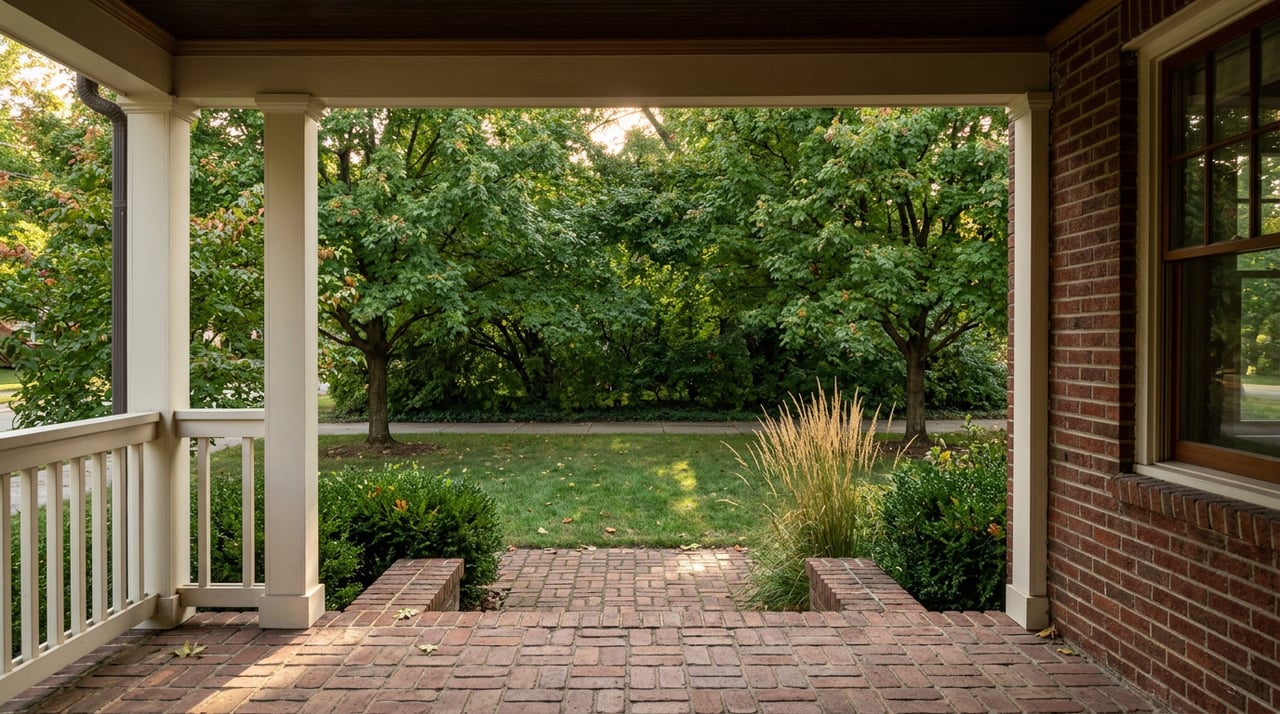 Brick porch framed by cream columns overlooks a small lawn beneath two mature street trees.