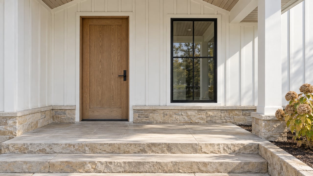 Covered home entry with an oak door, white board-and-batten siding, black-framed window and limestone steps beside a dried hydrangea.