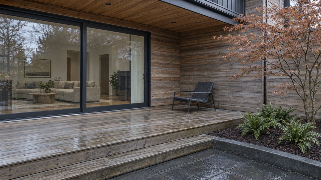 Rain-darkened cedar deck beside closed glass doors, with a sheltered chair and a small planted bed.