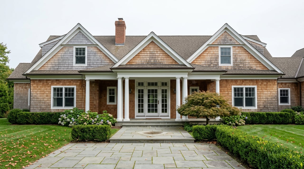 Shingle-style house with white-columned portico, Japanese maple, clipped boxwood hedge, and bluestone motor court.