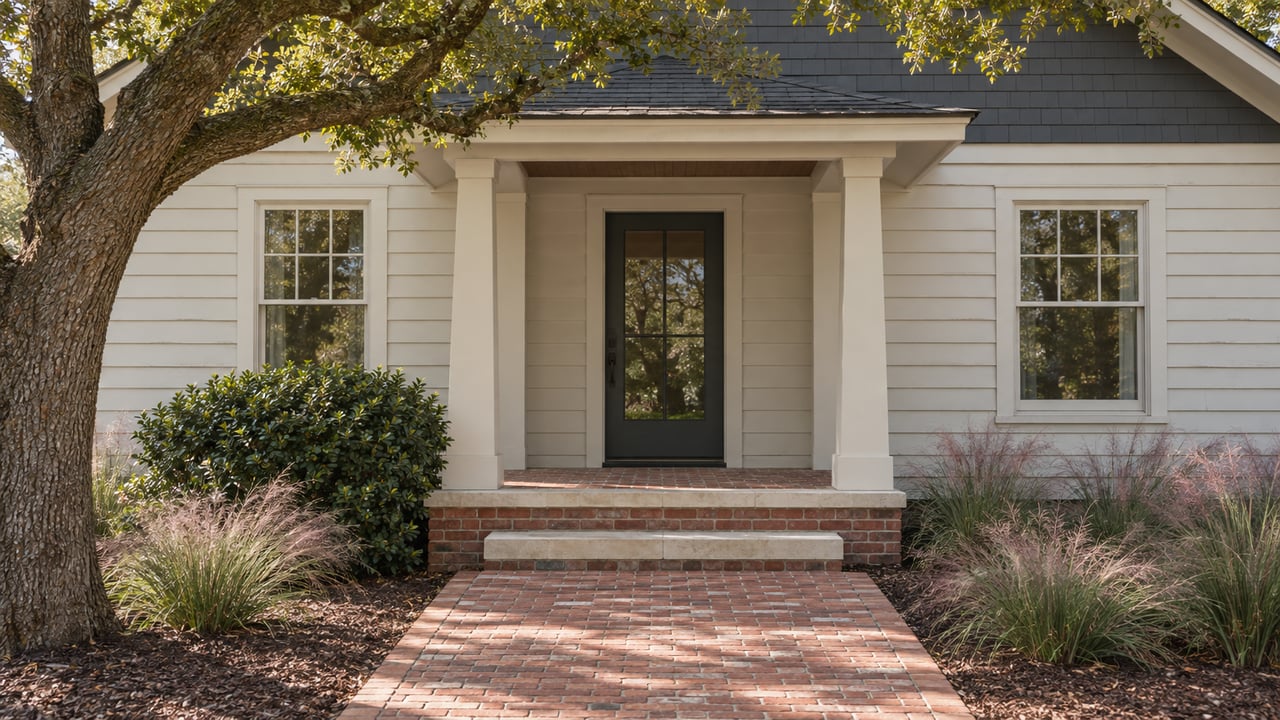 Cream clapboard bungalow with a recessed front door, brick stoop, and oak canopy overhead.