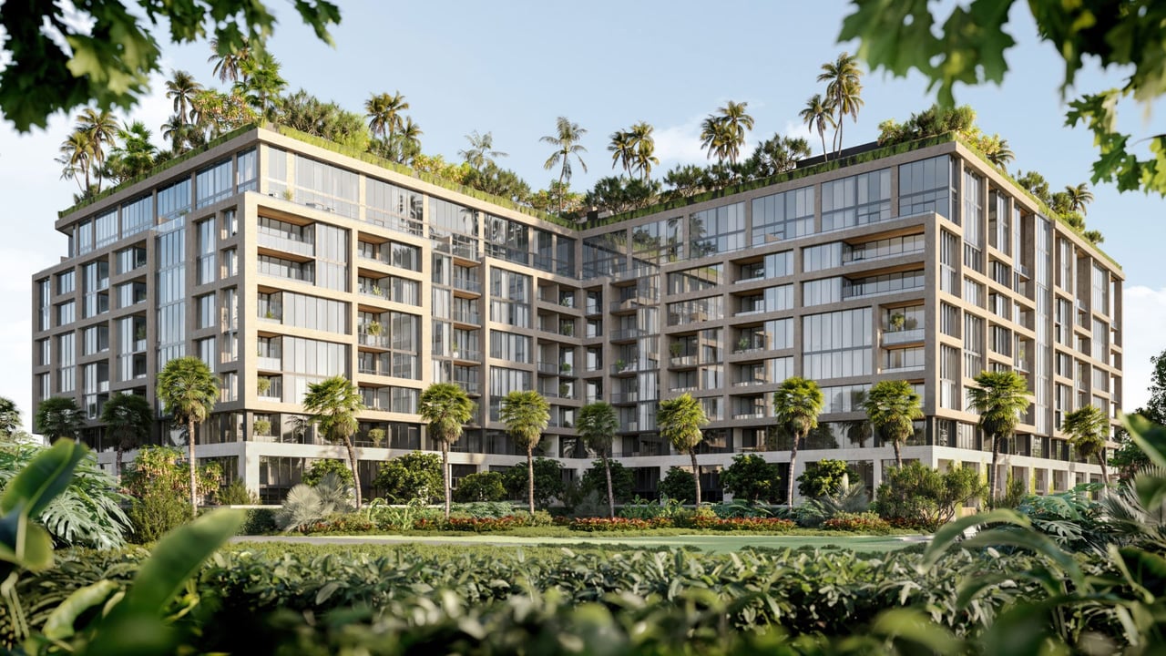 Rendering of the residential building and landscaped surroundings at THE WELL Coconut Grove in Miami, Florida.