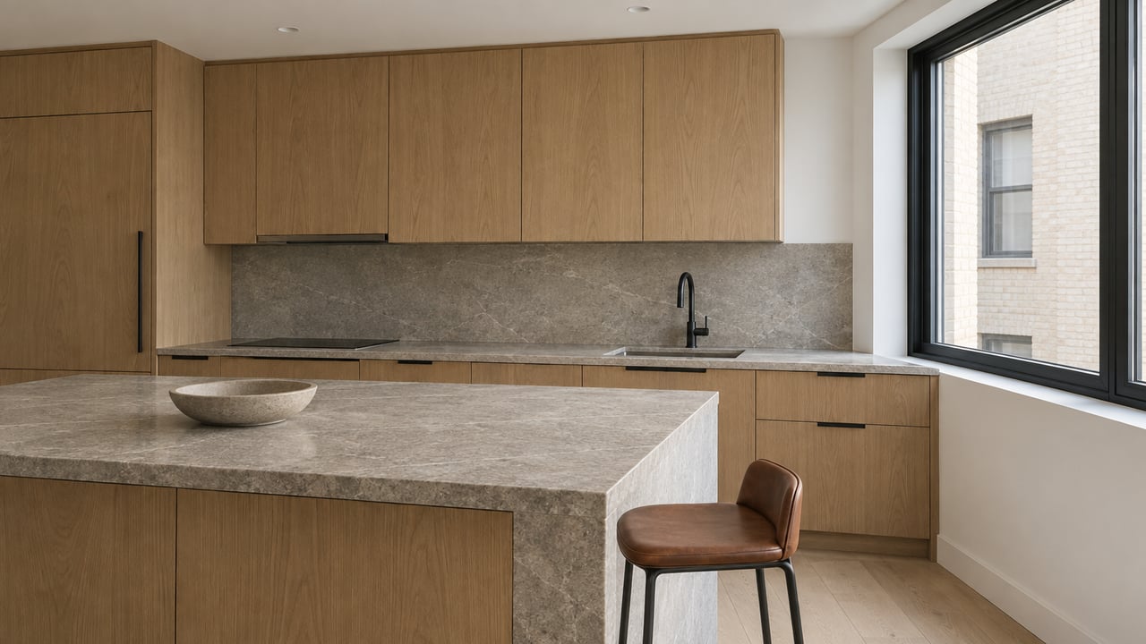 Close view of an oak condominium kitchen with a honed limestone island, cognac leather stool and black-framed window.