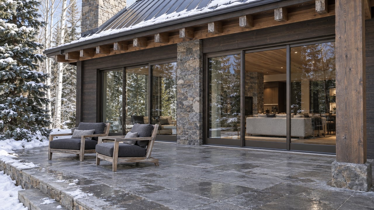 Snow-dusted timber and stone home with bronze-framed glass doors and two teak chairs on a sheltered quartzite terrace.