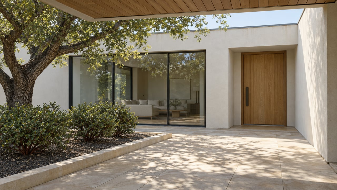 Modern home's sheltered entry with oak door, limestone courtyard, enclosed glass living room and sculptural live oak.