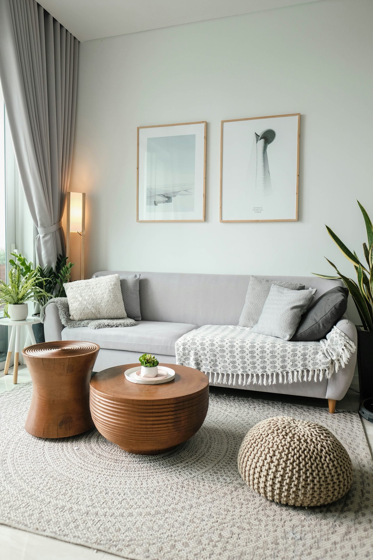 living room with gray and wood tones