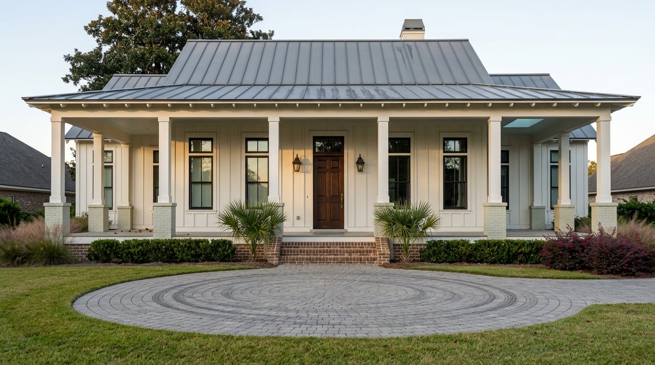 Custom home with a wraparound porch, gray metal roof, paver drive, and landscaped entry.