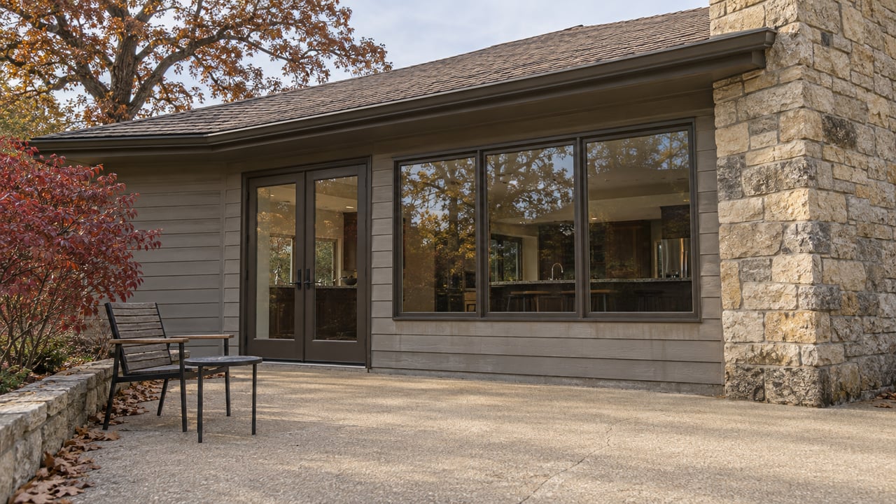 Autumn light on a home's limestone chimney, gray siding and paved terrace, with russet oak and red dogwood foliage.