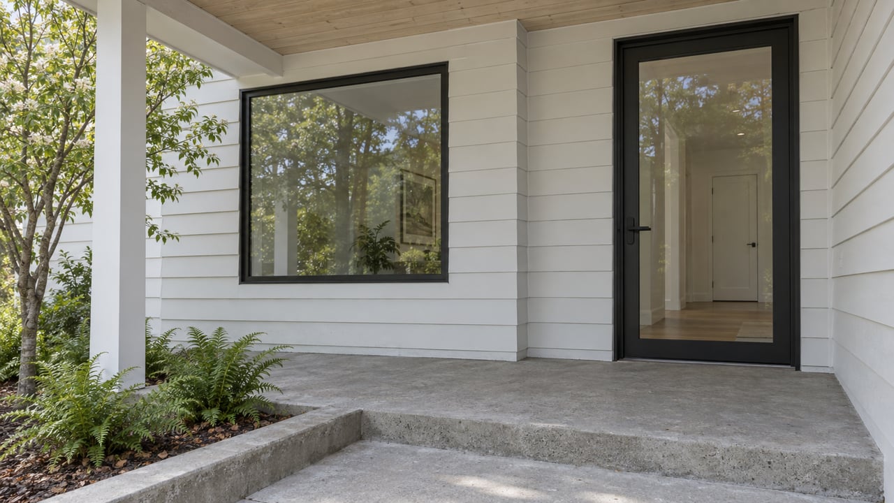 Close view of a white-sided home's glazed front entry, pale wood porch ceiling and concrete landing beside a dogwood and Christmas ferns.