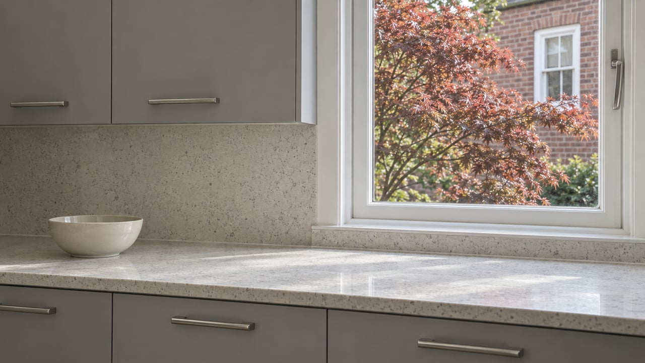 Close view of a gray kitchen counter and cabinetry beside a closed window overlooking copper-red autumn leaves and a brick wall.