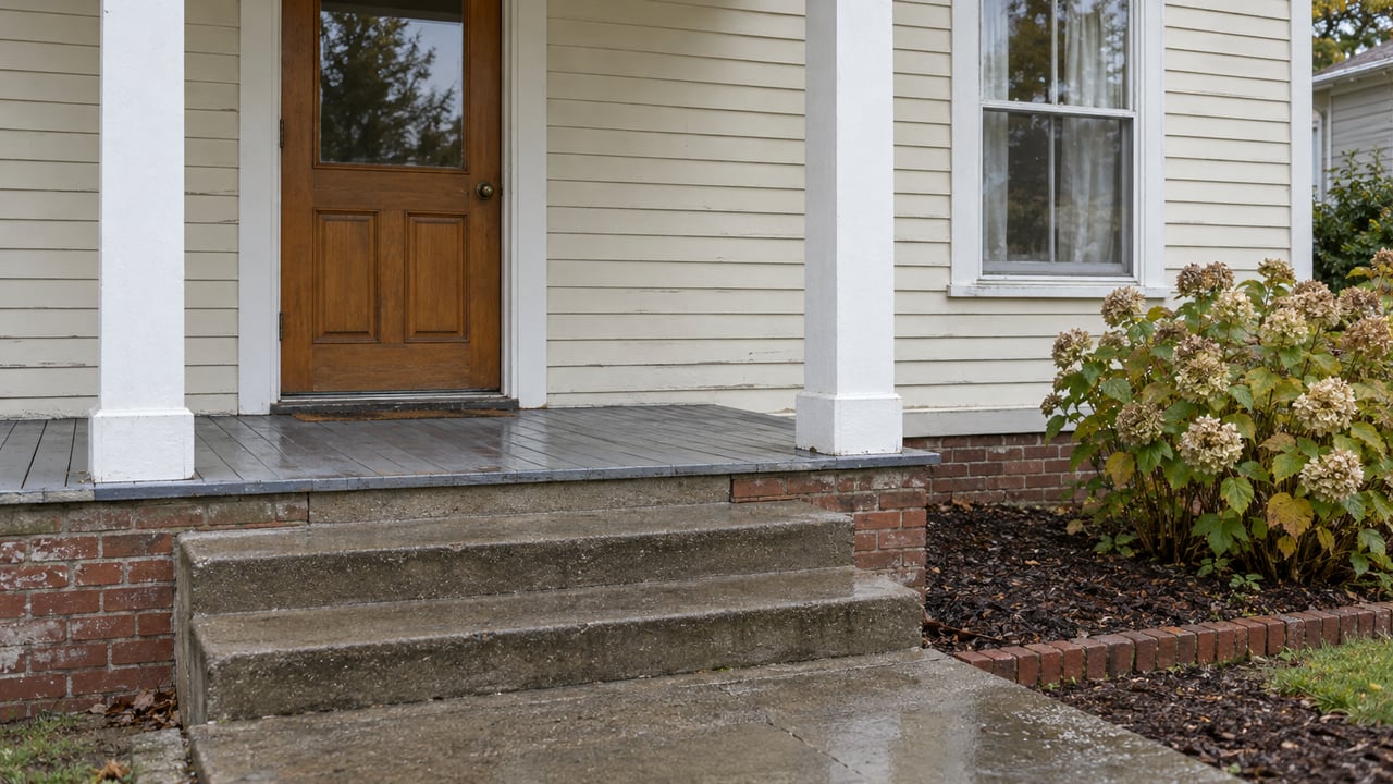 Cream clapboard home with a weathered wood front door, covered porch, concrete steps and faded hydrangea blossoms after rain.