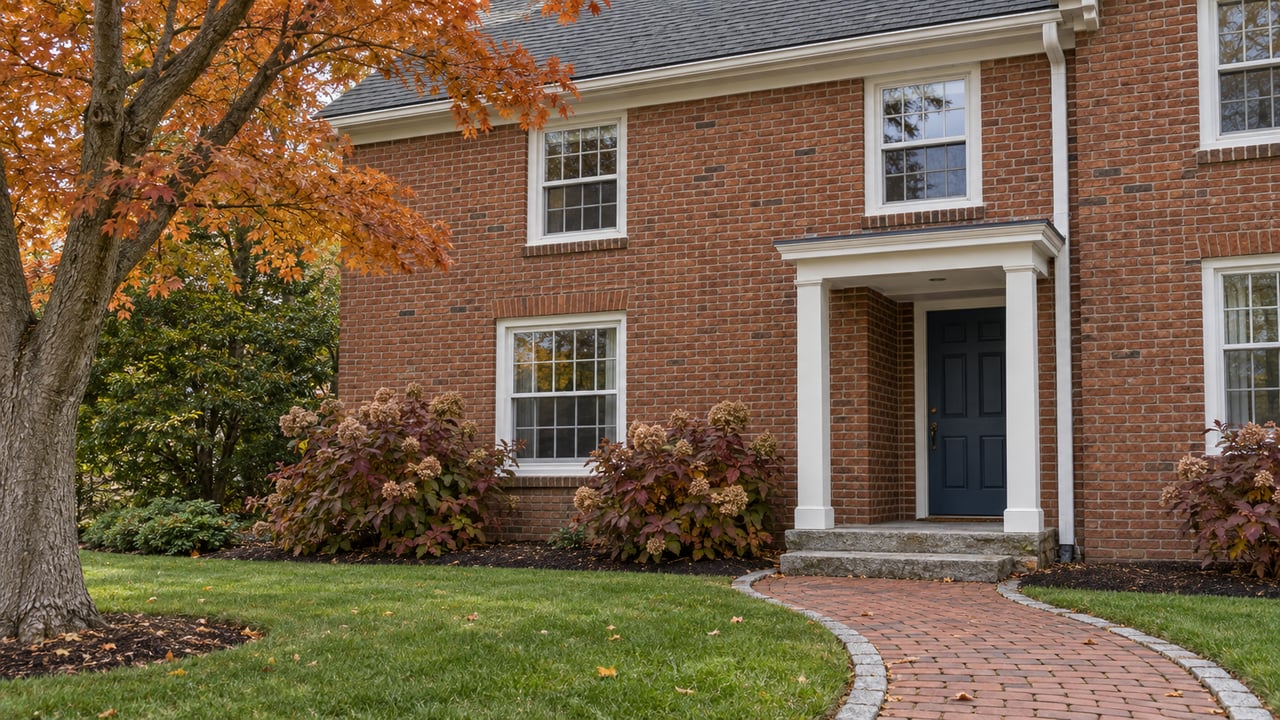Established brick condominium with white sash windows, a blue entry door, weathered brick approach and autumn planting.