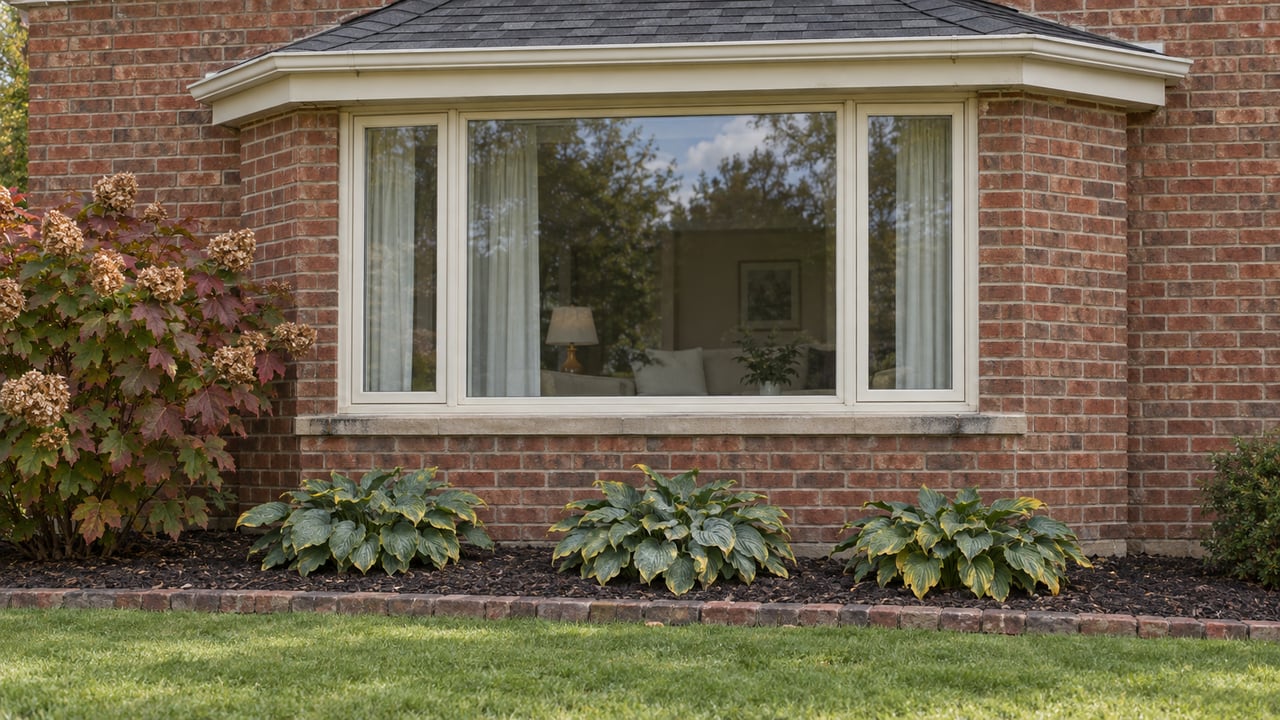 Rust-red brick window bay with cream-painted frames, a weathered limestone sill, oakleaf hydrangea and hostas beside a clipped lawn.